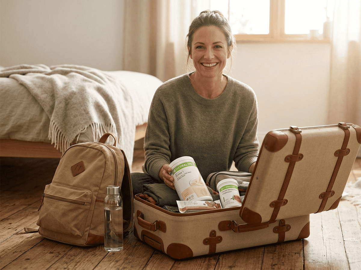 Frau packt Herbalife-Produkte in einen Reisekoffer: Formula 1 Shake, Protein Bar und Instant-Kräutergetränk